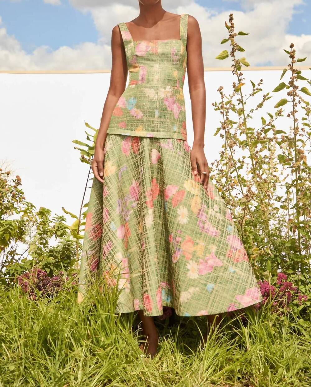 NEW LELA ROSE floral raffia square neck dress in cactus